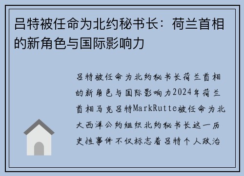吕特被任命为北约秘书长：荷兰首相的新角色与国际影响力