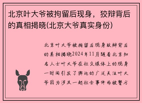 北京叶大爷被拘留后现身，狡辩背后的真相揭晓(北京大爷真实身份)