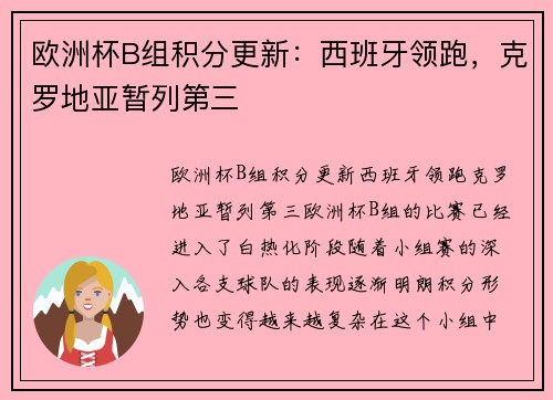 欧洲杯B组积分更新：西班牙领跑，克罗地亚暂列第三