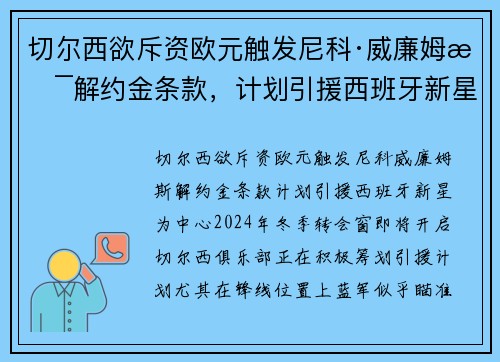 切尔西欲斥资欧元触发尼科·威廉姆斯解约金条款，计划引援西班牙新星