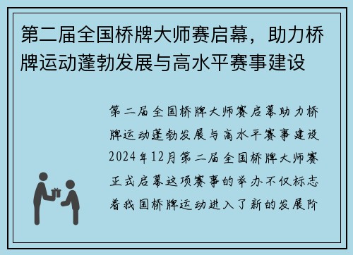第二届全国桥牌大师赛启幕，助力桥牌运动蓬勃发展与高水平赛事建设