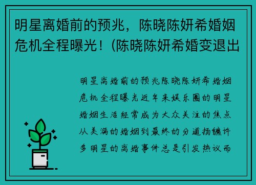 明星离婚前的预兆，陈晓陈妍希婚姻危机全程曝光！(陈晓陈妍希婚变退出娱乐圈)